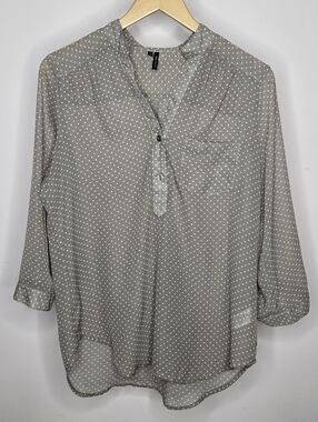 Maurices Taupe Polka Dot V-Neck Roll-Tab Sleeve Sheer Blouse